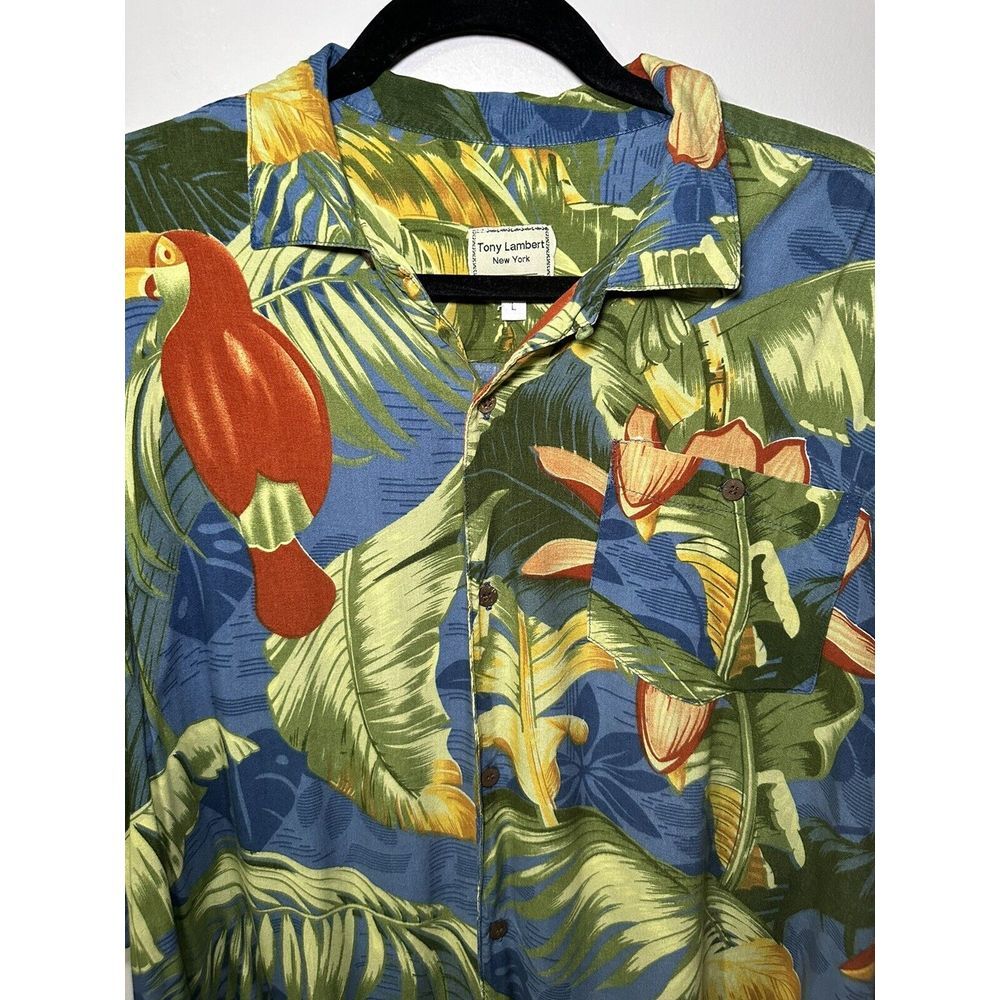 Tony Lambert NY Hawaiian Shirt Toucan and Jungle Floral Pattern Print Sz‎ Large